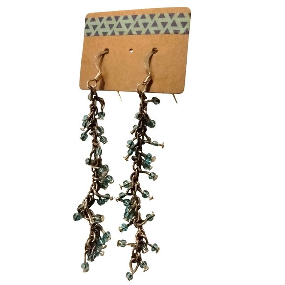 Chain Dangle Earrings Blue Aqua Glass Beads Unique Artisan - Picture 4 of 6